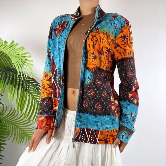 Vintage 90s Chico's Blue Patchwork Bohemian Hippie Lightweight Artsy Jacket / 1 - Picture 4 of 7